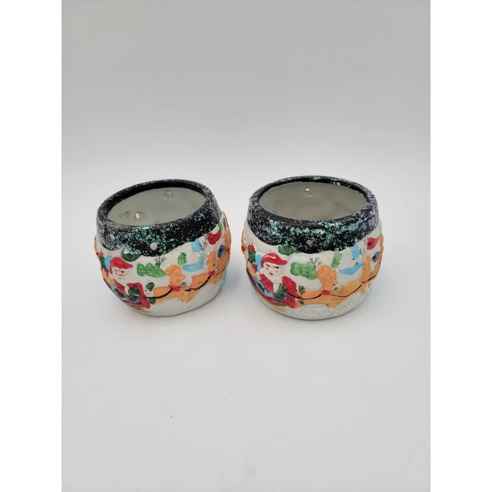 2 Vtg Giftco Ceramic Tea Light Candle Holders Santa Sleigh Reindeer Glitter 3.5